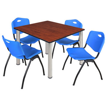 Kee 48" Square Breakroom Table- Cherry/ Chrome & 4 'M' Stack Chairs- Blue
