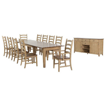Brook 12PC Farmhouse 62-134" Expanding Dining Table Set Buffet 2-Tone Brown Wood
