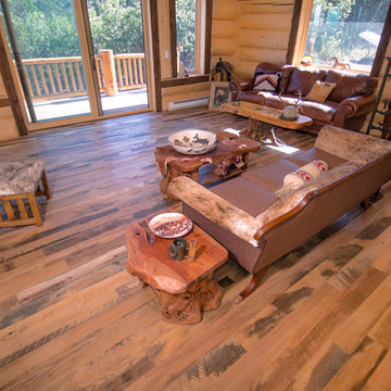 Log home with mushroom wood trim accent and skip-planed Traiblazer floor