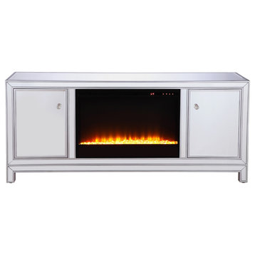 60" Mirrored TV Stand, Crystal Design Fireplace Insert