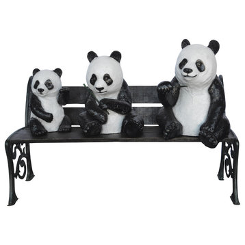 Three Panda Bears Sitting on Bench Bronze Statue -  Size: 53"L x 28"W x 36"H.