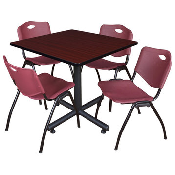 Kobe 42" Square Breakroom Table- Mahogany & 4 'M' Stack Chairs- Burgundy