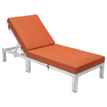 LeisureMod Chelsea Weathered Gray Chaise Lounge and Cushions, Orange