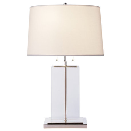 Block Large Table Lamp in Crystal and Polished Silver with Cotton Shade