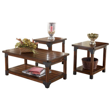 Set of 3 Coffee Table Set, Plank Design With Metal Accents, Medium Brown