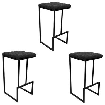 Home Square 3 Piece Quilted Stitched Leather Bar Stools Set in Charcoal Black