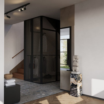 Glass-enclosed staircase with perforated black metal, Kirkland WA
