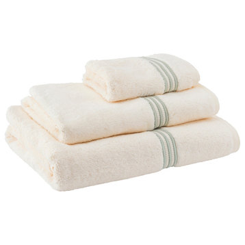 Triple Line Embroidery 3 Piece 100% Cotton Towel Set, Green and Ivory
