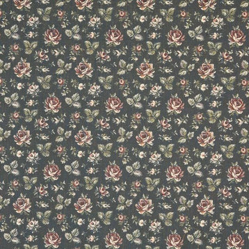 Navy, Burgundy And Green, Floral Tapestry Upholstery Fabric By The Yard