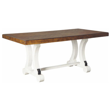 Rustic Farmhouse Dining Table, Unique Trestle Base With Large Top, White/Brown