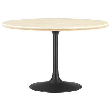 Lippa 48" Round Artificial Travertine Dining Table, Black Travertine