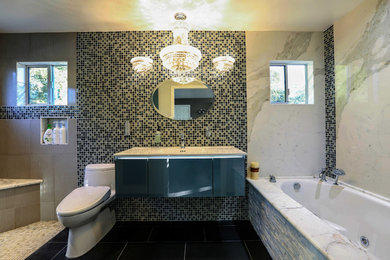 Mid-sized trendy master white tile and marble tile porcelain tile and gray floor bathroom photo in San Francisco with flat-panel cabinets, gray cabinets, a one-piece toilet, white walls, an integrated sink, quartz countertops and white countertops