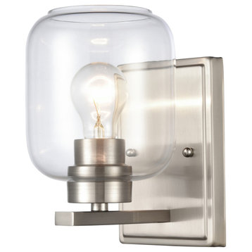 Light Wall Sconce, Satin Nickel With Clear Glass, Satin Nickel, 1-Light