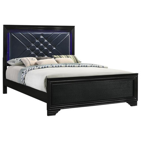 Pemberly Row Faux Leather Eastern King Bed in Black and Midnight Star