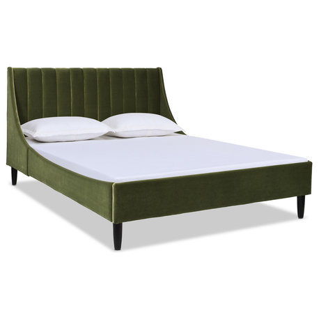 Aspen Vertical Tufted Headboard Platform Bed, Olive Green Performance Velvet, Queen