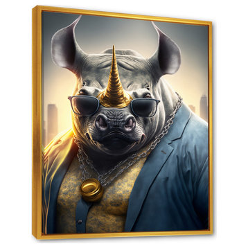 Rhino Gangster in NYC  III Framed Canvas, 12x20, Gold
