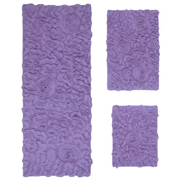 Bell Flower Collection Tufted Bath Rug, 3-Piece Set With Runner-Purple
