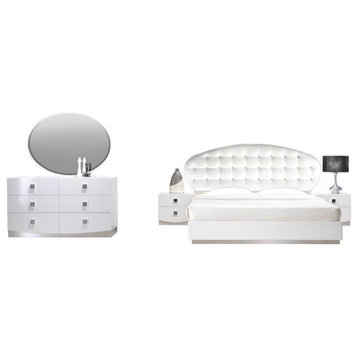 Best Master France 5-Piece Faux Leather Queen Bedroom Set in White Lacquer