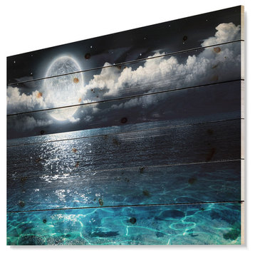 Designart Romantic Full Moon Over Sea Seascape Wood Wall Art 46x36