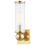 Hudson Valley Lighting - Malone 1 Light Wall Sconce, Aged Brass - Malone's metal-ringed, blown borosilicate glass shades are open at the top and at the bottom allowing light to pour through above and flow through below, where it reflects beautifully off the metal ball at the center of the fixture. The clear ribbed glass shows off the filament bulb details of this extremely versatile, go-anywhere, go-with-anything sconce. Double sconce can be mounted horizontally or vertically.