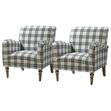 Upholstered Amchair With Plaid Pattern Set of 2, Black