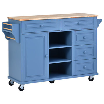 Multifunctional Rubber Wood Desktop Kitchen Cart, Adjustable Shelves, Blue