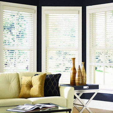 WHITE WOOD BLINDS - Lafayette Heartland Wood Blinds - Living Room