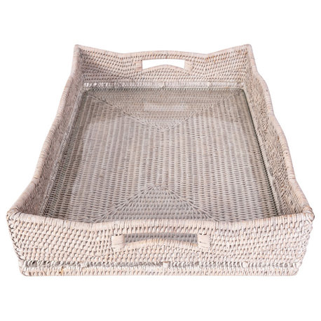 Artifacts Rattan™ Scallop Rectangular Tray with Glass Insert, White Wash