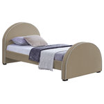 Meridian Furniture - Brody Velvet Upholstered Bed, Beige, Twin - Get a good night's sleep with this Brody beige velvet twin bed. Crafted from a mixture of wood, velvet, and foam, this bed is as comfy as it is cozy. Its soft beige velvet bed frame features cream velvet piping, giving it an appearance reminiscent of gingerbread. Dark espresso wood legs complement the beige-and-cream frame while providing sturdy support. Its contemporary design is perfect for any modern bedroom space, and its velvety texture ensures you get plenty of Z's.
