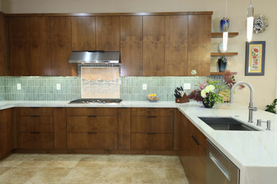 Mid-sized mid-century modern u-shaped travertine floor and beige floor eat-in kitchen photo in San Diego with an undermount sink, flat-panel cabinets, medium tone wood cabinets, quartzite countertops, blue backsplash, ceramic backsplash, stainless steel appliances, a peninsula and white countertops