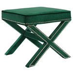 Meridian Furniture - Nixon Velvet Upholstered Ottoman/Bench, Green - You'll be sitting pretty on this Nixon green velvet ottoman/bench. This beautiful piece has a stunning look with its green velvet upholstery and chrome nail head trim that gives your room a decidedly contemporary vibe. The X-shaped legs are sturdy and stout, making it a beautifully durable addition to your space. The ottoman's large top accommodates your feet while you relax and unwind with a good book, or pull it out on game night for an extra seat.