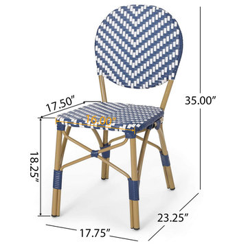 3 Pieces Patio Bistro Set, Bamboo Wood Frame and Woven Navy Blue/White Rattan
