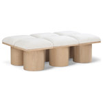 Meridian Furniture - Pavilion Black Boucle Fabric Bench, Cream, Natural Finish, 54" W X 31" D X 17.5" H - Bring valuable seating and remarkable style to your space with this cream Pavilion boucle fabric bench, an exquisite balance of style and usability for the entryway, bedroom, and beyond. Crafted from oak veneer with a natural finish, this bench has a 4-inch-thick seat cushion that's channel-tufted for a touch of luxury. The bench's columnar bases add a dash of art deco design, making it a captivating focal point in any room.