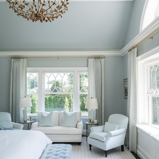 Idéer för stora vintage huvudsovrum, med blå väggar, heltäckningsmatta och flerfärgat golv