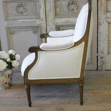 Antique Louis XVI Style Giltwood Bergere Chair in White Linen