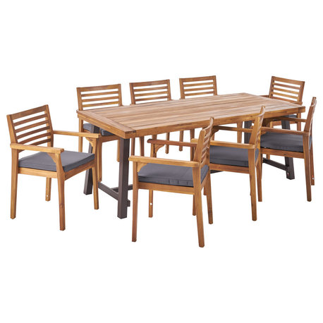 Phyllis Outdoor Acacia Wood 8 Seater Dining Set, Teak, Black, Dark Gray