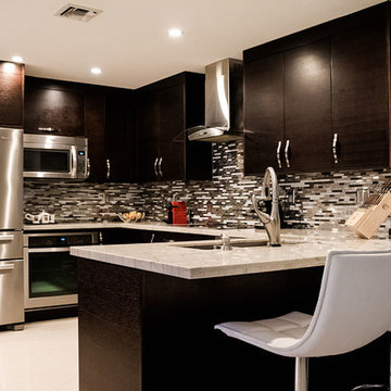 modern kitchen wengue colored with white macaubas quartzite countertop