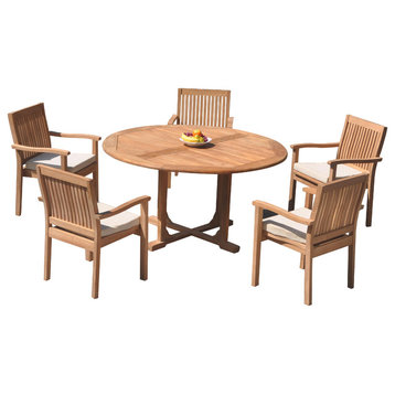 6-Piece Outdoor Teak Dining Set, 60" Round Table, 5 Leveb Stacking Arm Chairs