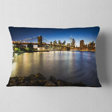Distant View of Brooklyn Bridge Cityscape Throw Pillow, 12"x20"
