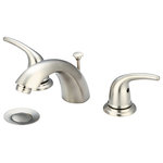 Olympia Faucets - Accent Two Handle Widespread Bathroom Faucet, PVD Brushed Nickel - Two Handle Lavatory Widespread Faucet Lever Handles C Style Rigid Spout 4-9/16" Reach, 1-7/8" From Deck to Aerator Washerless Cartridge Operation 3-Hole 4" to 12" Installation Brass Pop-Up Drain Assembly With 1.5 GPM Flow Rate