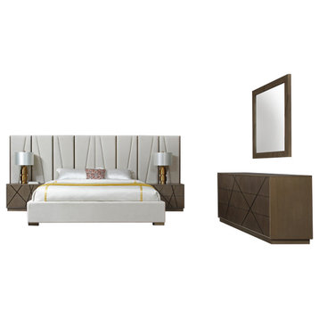 Nixa Modern Beige Velvet, Brushed Bronze, Birch Bedroom Set, Eastern King