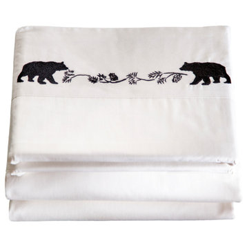 Embroidered Bear Cotton Cabin Bed Sheets, Off White, King