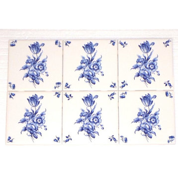 Floral Blue Delft Kiln Fired Ceramic Tiles Backsplash, Set of 6