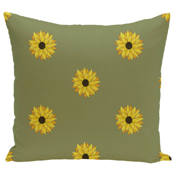 Sunflower Frenzy Flower Print Pillow, Green, 16"x16"