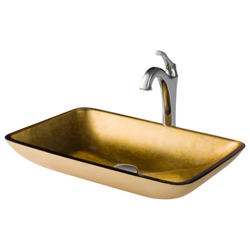 Glass Vessel Sink, Bathroom Arlo Faucet, PU Drain, Mounting Ring, Chrome