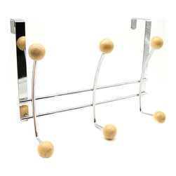 Evideco - Over the Door 6 Metal Hooks Rack Chrome-Wood - Wall Hooks