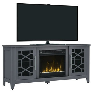 Contemporary TV Stand, Electric Fireplace and 2 Cabinet Glass Doors, Pure White, Cool Gray