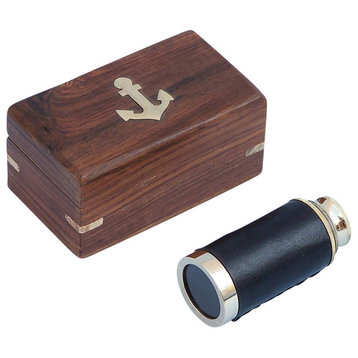 Leather Spyglass With Rosewood Box, Brass, 6"