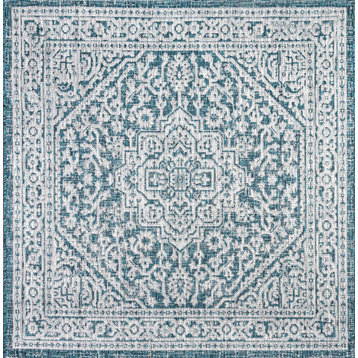 Sinjuri Medallion Textured Weave Indoor/Outdoor, Teal Blue/Gray, 5'3" Square