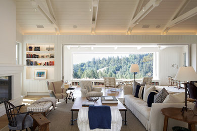 Living room - huge cottage open concept light wood floor living room idea in San Francisco with white walls, a standard fireplace, a brick fireplace and no tv